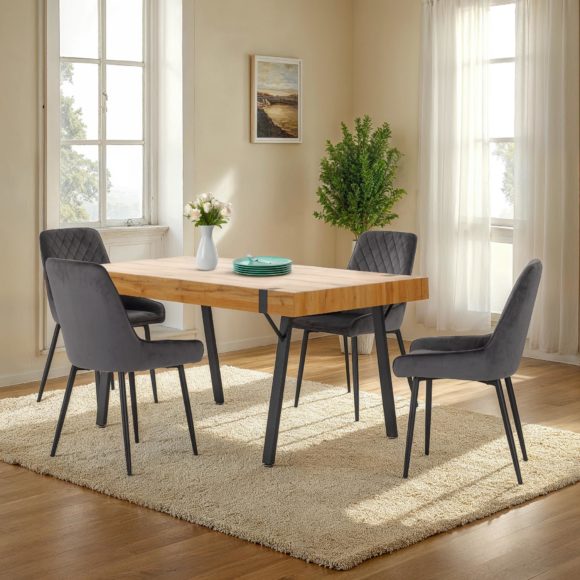seconique Treviso Dining Set with Avery Chairs Light Oak Effect/Black/Grey Velvet