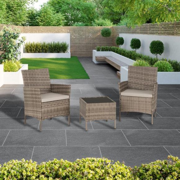 Seconique Willow 3 Piece Garden Set Grey Rattan/Grey Fabric/Black Glass