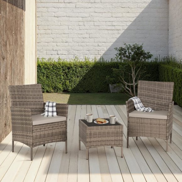 seconique Willow 3 Piece Garden Set Grey Rattan/Grey Fabric/Black Glass