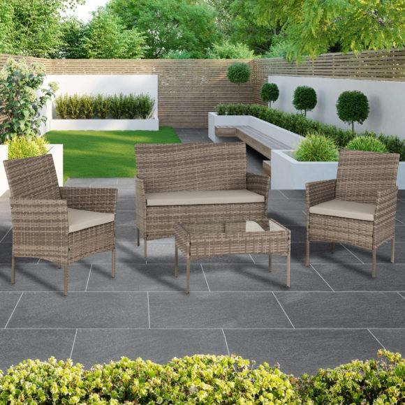 Seconique Willow 4 Piece Garden Set Grey Rattan/Grey Fabric/Clear Glass