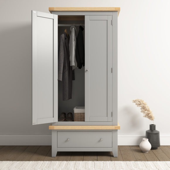 Seconique Windsor 2 Door 1 Drawer Wardrobe Pebble Grey/Oak