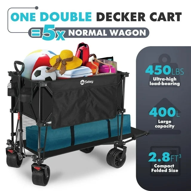 sekey Sekey 400L 450LBS Double Decker Beach Wagon Cart 50"L Extra-Long Extended Collapsible Wagon with Weight Capacity Heavy Duty Wagon Cart with All-Terrain Big Wheels for Camping Sports Garden United States