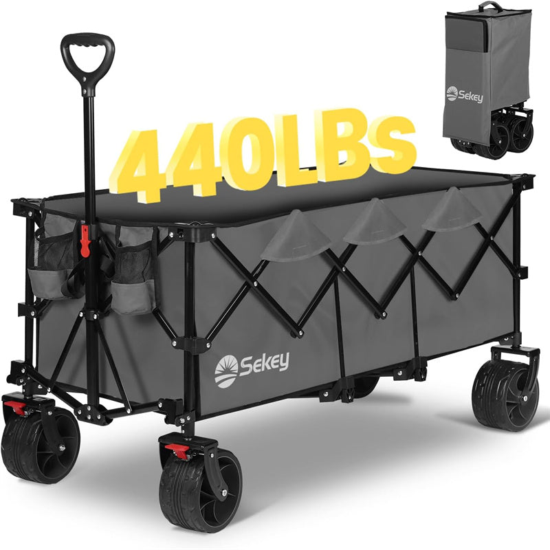 sekey Sekey 48''L Collapsible Foldable Extended Wagon with 440lbs Weight Capacity Heavy Duty 300L Folding Utility Garden Cart with Big All-Terrain Beach Wheels & Drink Holders