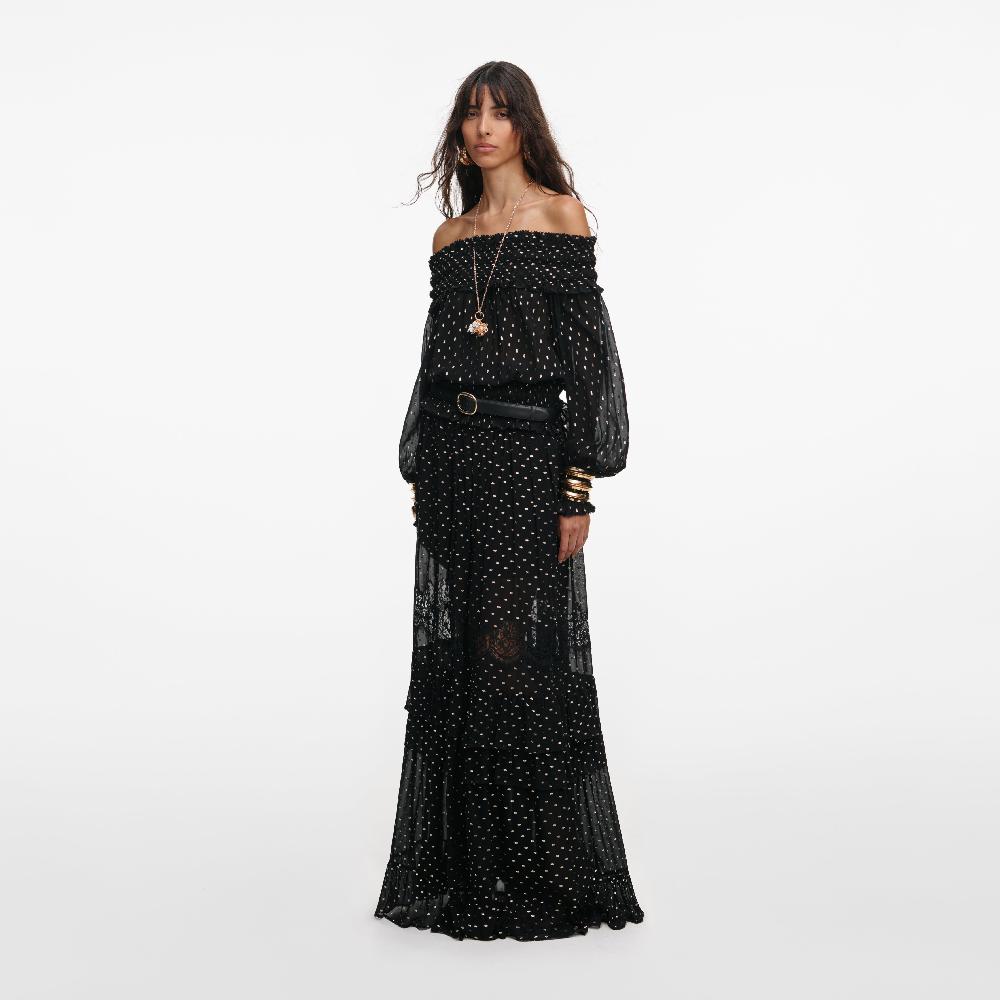 Self Portrait Black And Gold Chiffon Lace Maxi Skirt CLOTHING
