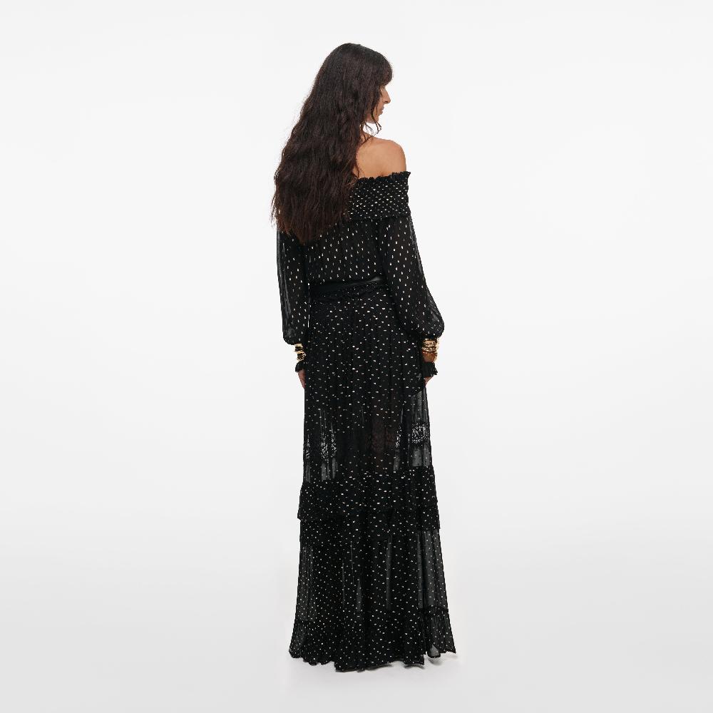 Self Portrait Black And Gold Chiffon Lace Maxi Skirt CLOTHING