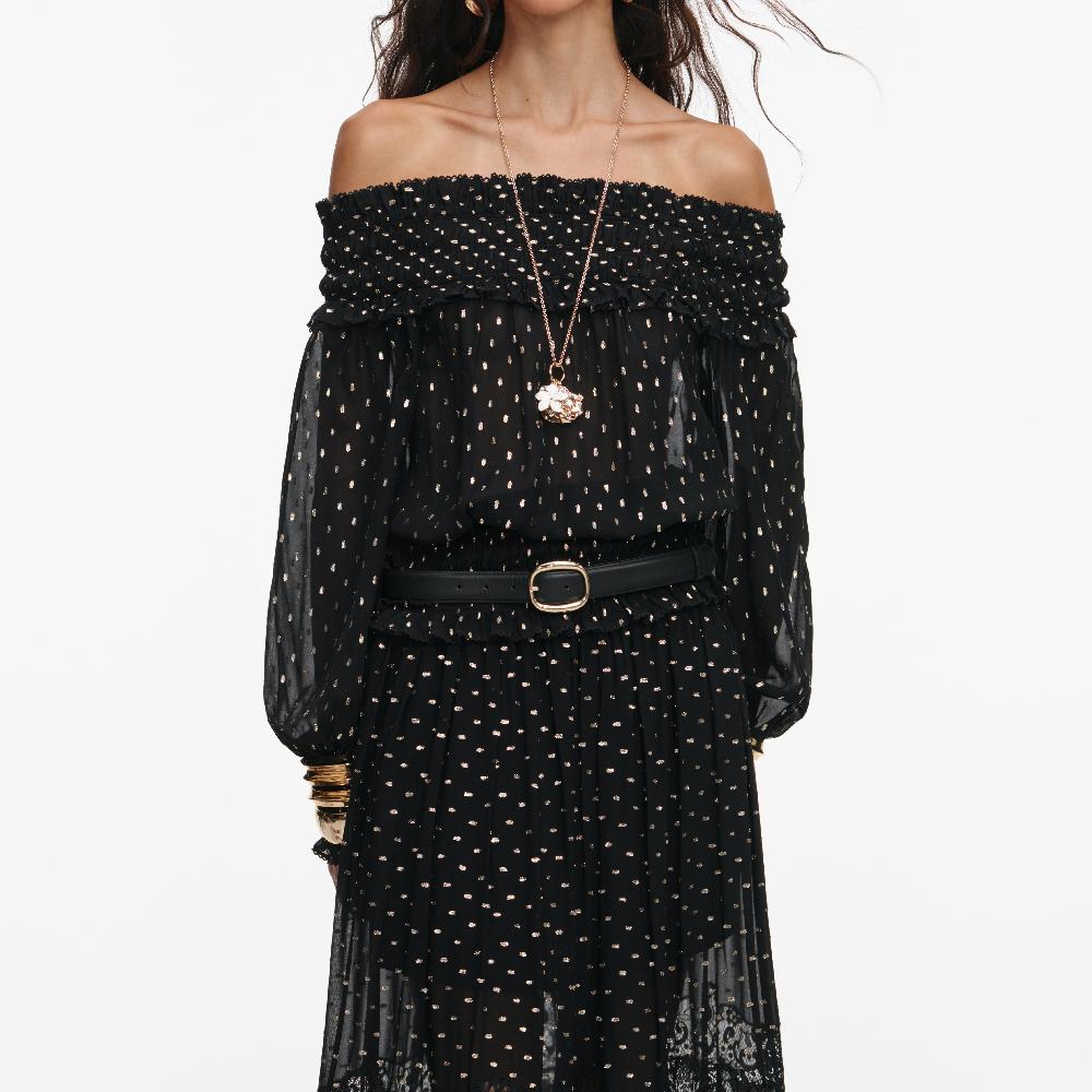 Self Portrait Black And Gold Chiffon Lace Maxi Skirt CLOTHING