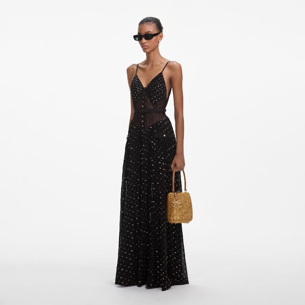 Self Portrait Black And Gold Chiffon Maxi Dress CLOTHING