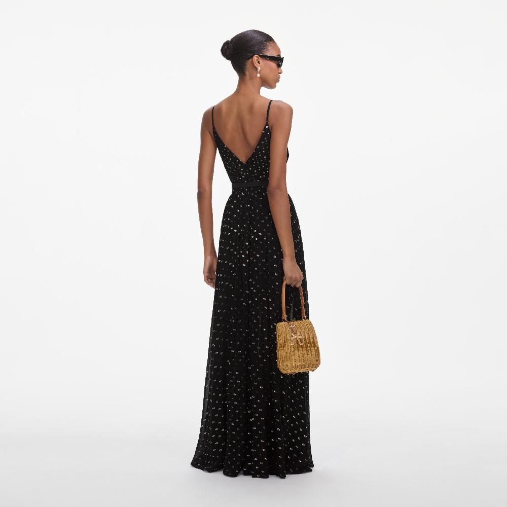 Self Portrait Black And Gold Chiffon Maxi Dress CLOTHING