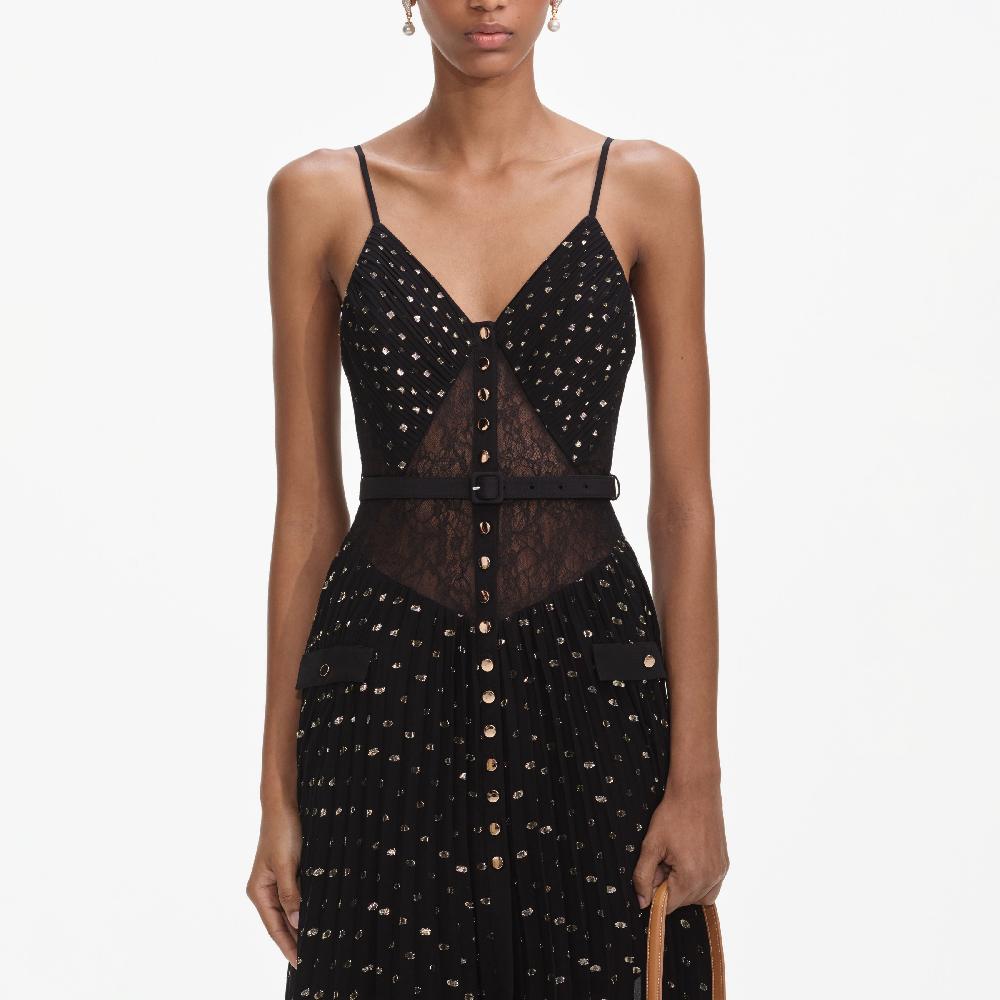 Self Portrait Black And Gold Chiffon Maxi Dress CLOTHING