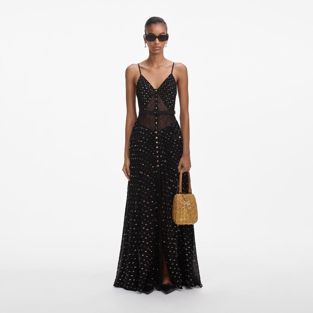 self portrait Black And Gold Chiffon Maxi Dress CLOTHING