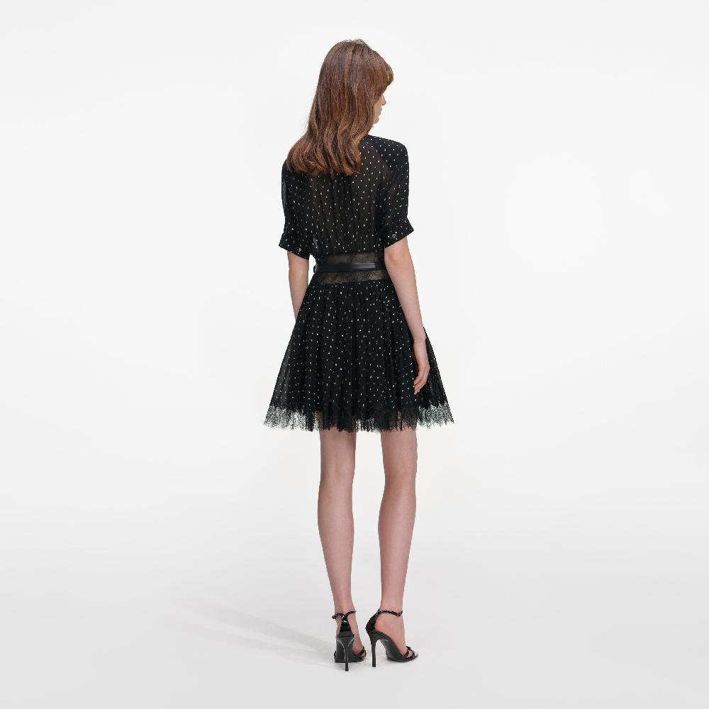 Self Portrait Black And Gold Chiffon Mini Dress CLOTHING