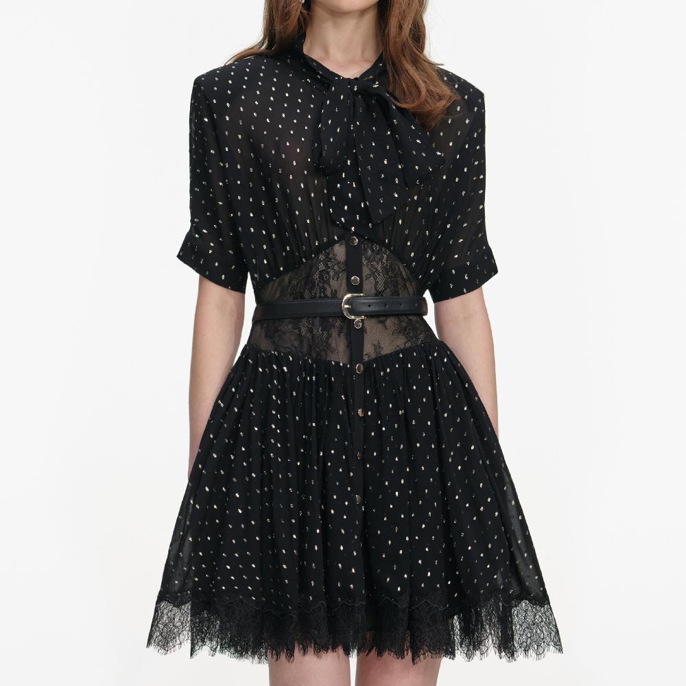 Self Portrait Black And Gold Chiffon Mini Dress CLOTHING