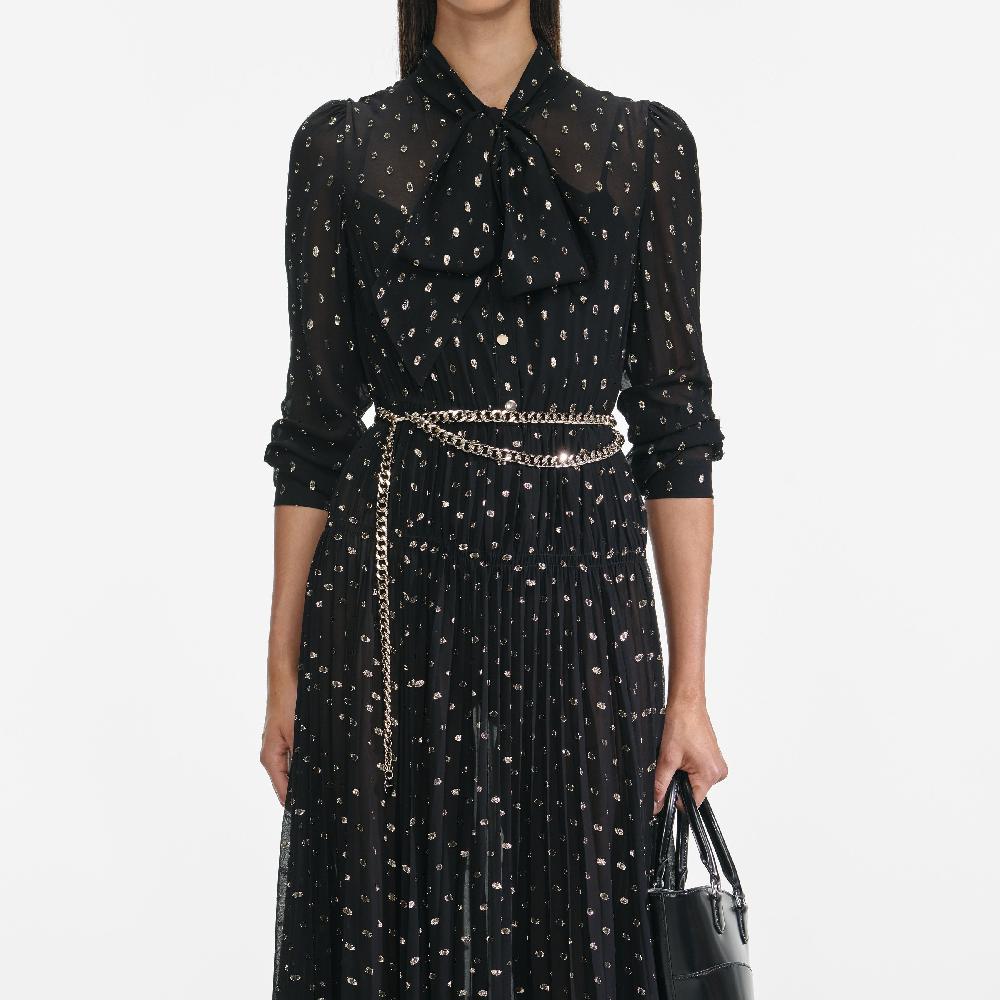 Self Portrait Black And Gold Tie Neck Maxi Dress CLOTHING