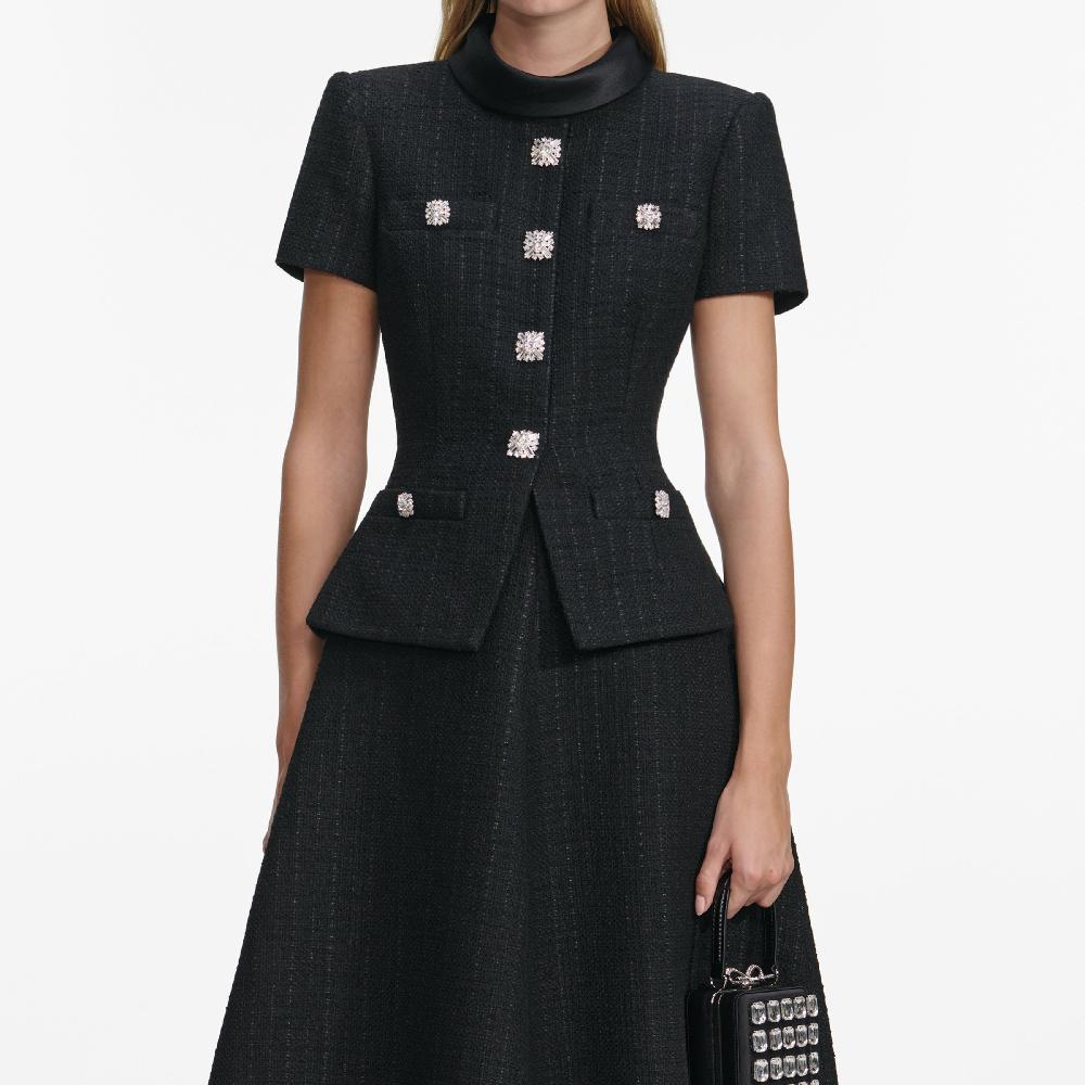 Self Portrait Black Boucle Collared Midi Dress CLOTHING