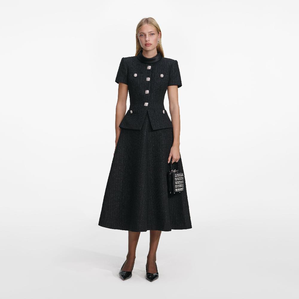 self portrait Black Boucle Collared Midi Dress CLOTHING