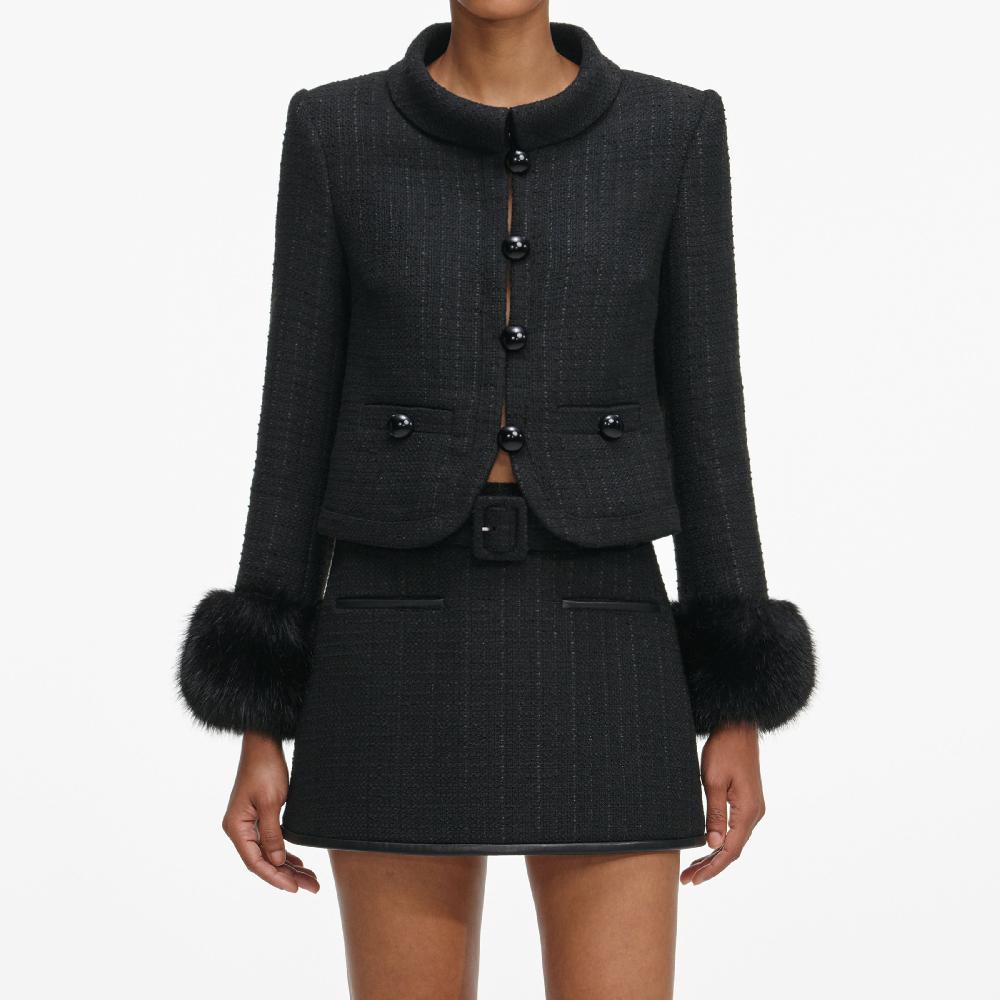 Self Portrait Black Boucle Faux Fur Cuff Jacket CLOTHING