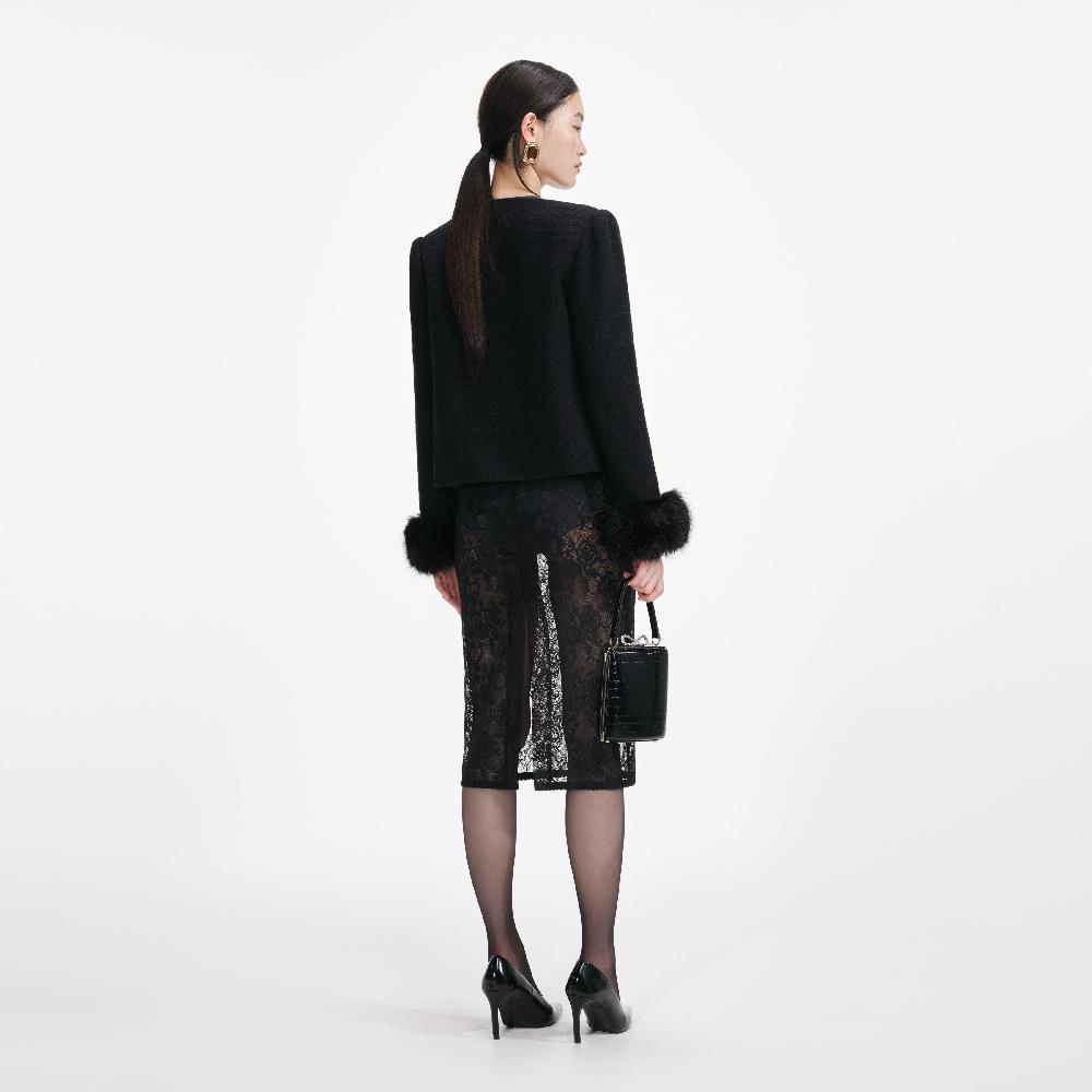 Self Portrait Black Boucle Fur Cuff Jacket CLOTHING