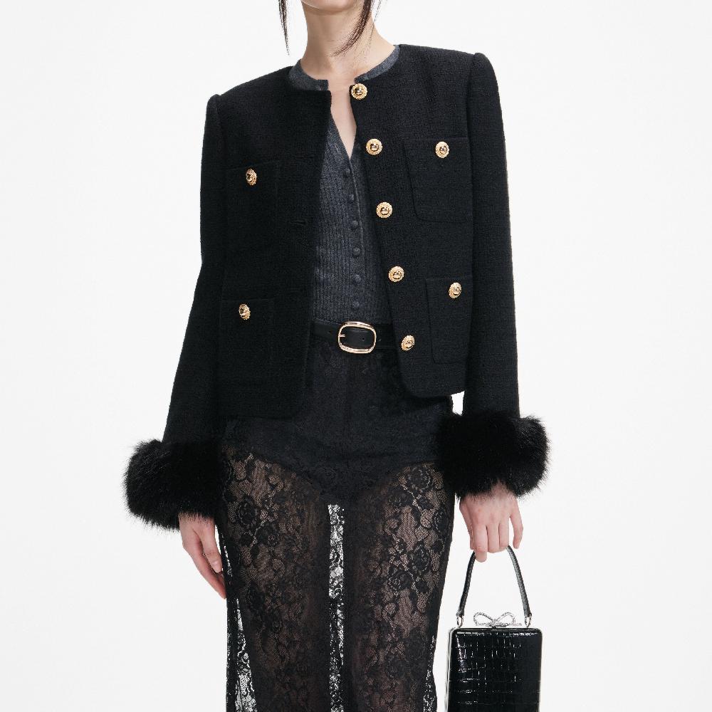 Self Portrait Black Boucle Fur Cuff Jacket CLOTHING