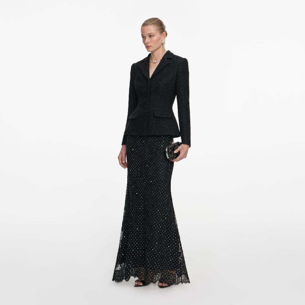Self Portrait Black Boucle Rhinestone Lace Maxi Dress CLOTHING