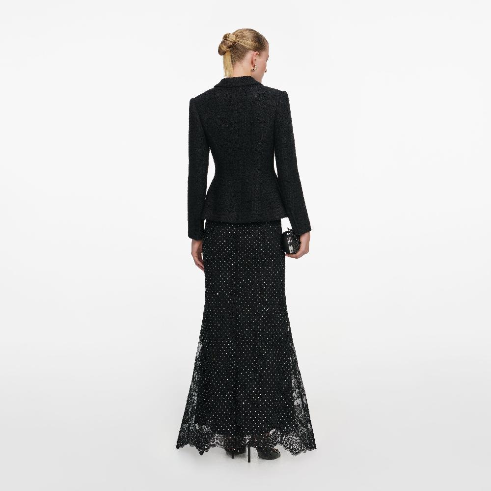 Self Portrait Black Boucle Rhinestone Lace Maxi Dress CLOTHING