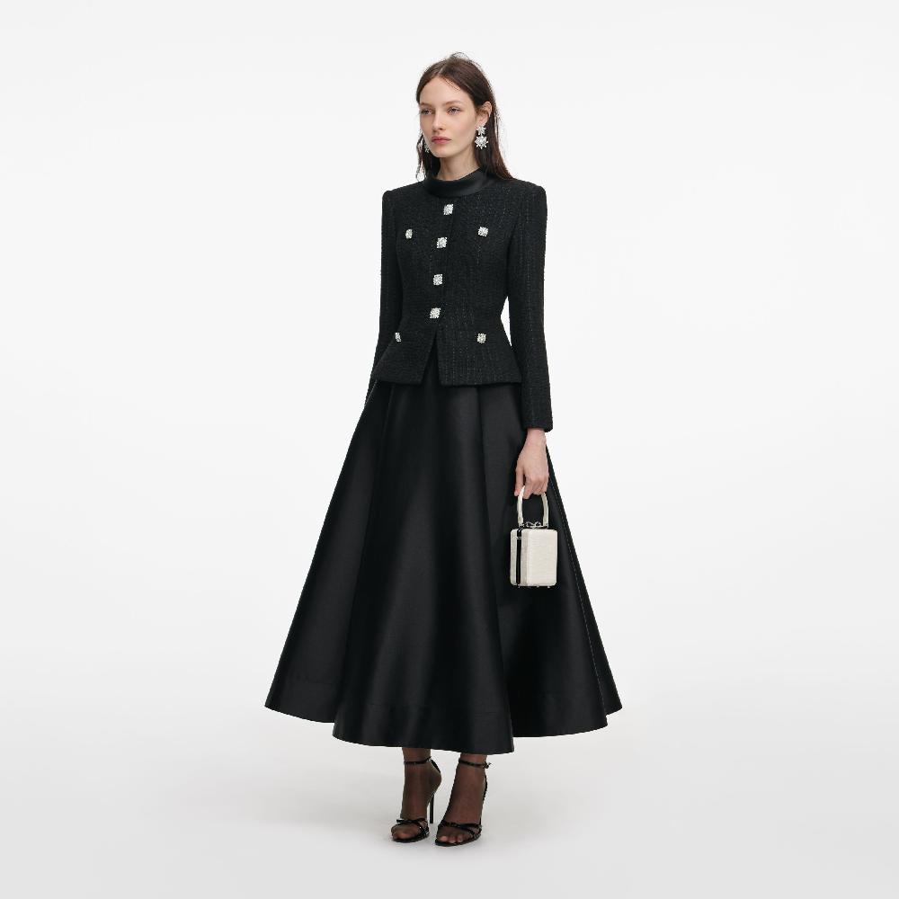 Self Portrait Black Boucle Taffeta Midi Dress CLOTHING