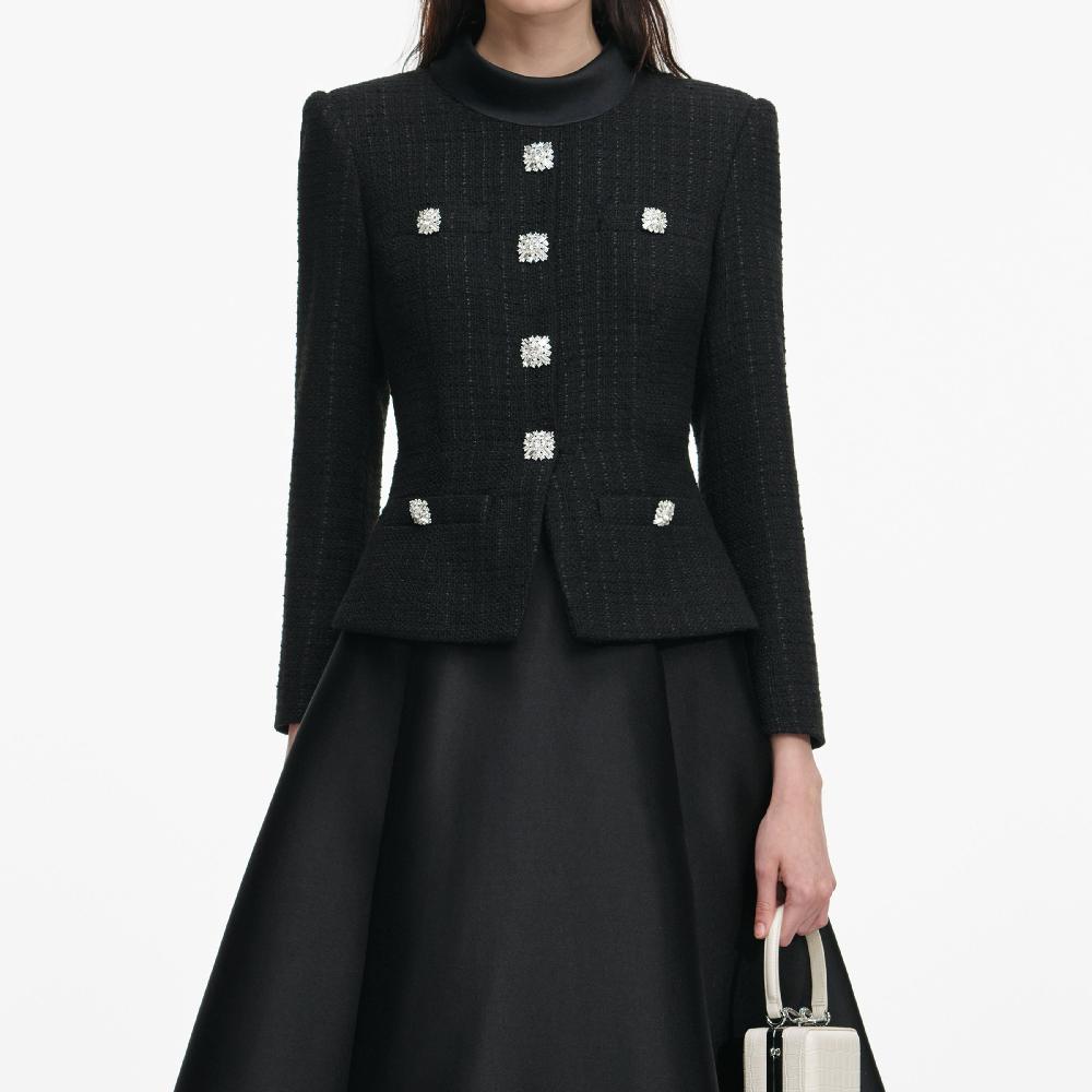 Self Portrait Black Boucle Taffeta Midi Dress CLOTHING