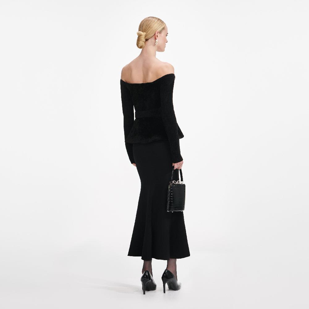 Self Portrait Black Chenille Knit Crystal Trim Midi Dress CLOTHING