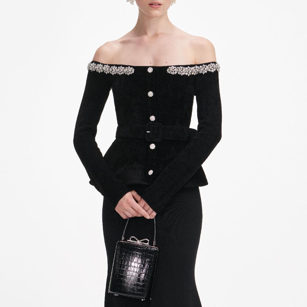 Self Portrait Black Chenille Knit Crystal Trim Midi Dress CLOTHING