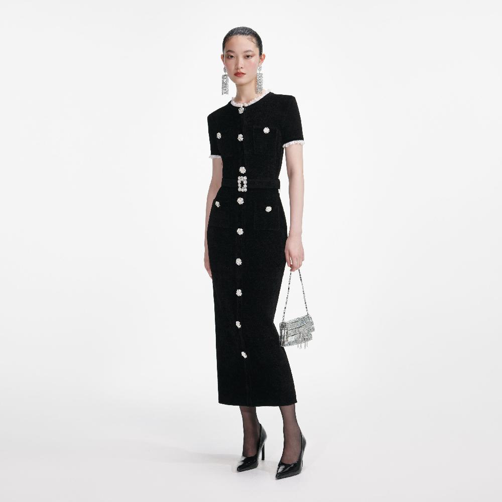 Self Portrait Black Chenille Knit Midi Dress CLOTHING
