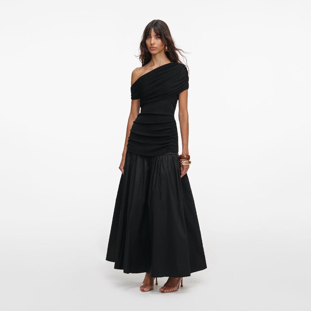 Self Portrait Black Cotton Draped Knit Midi Dress CLOTHING
