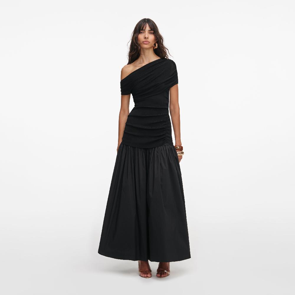 self portrait Black Cotton Draped Knit Midi Dress CLOTHING
