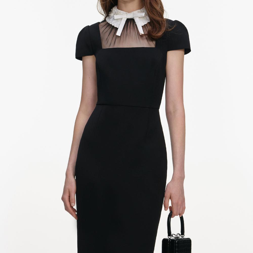Self Portrait Black Crepe Bow Collar Midi Dress CLOTHING