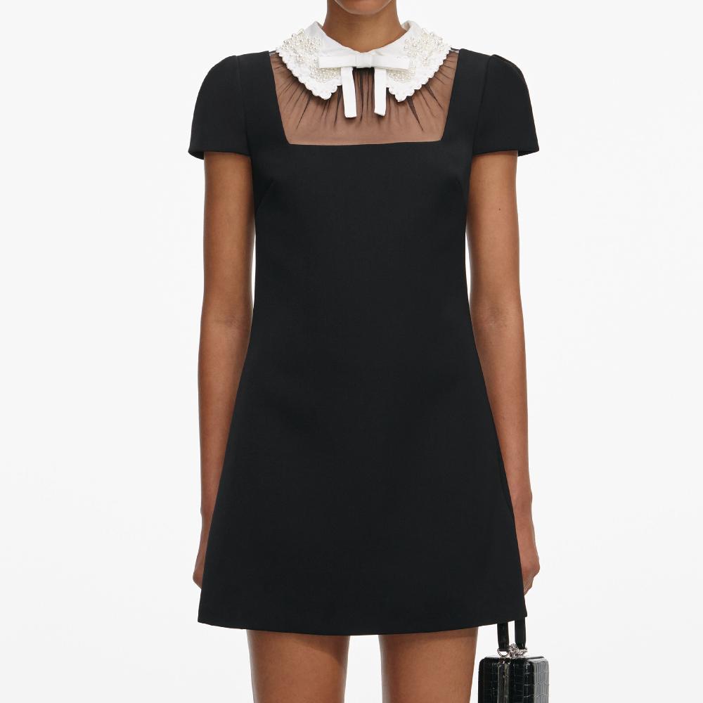 Self Portrait Black Crepe Bow Collar Mini Dress CLOTHING