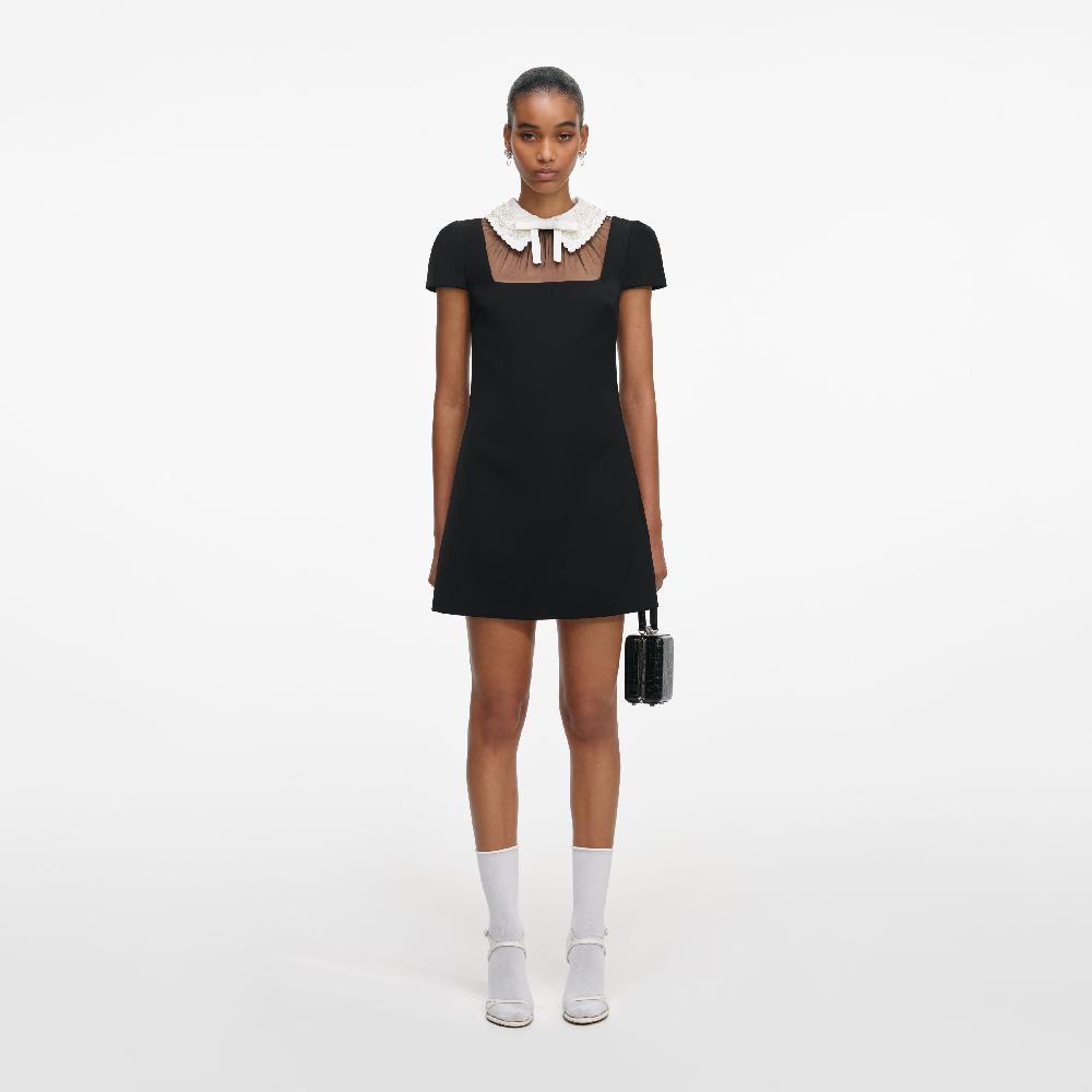 Self Portrait Black Crepe Bow Collar Mini Dress CLOTHING