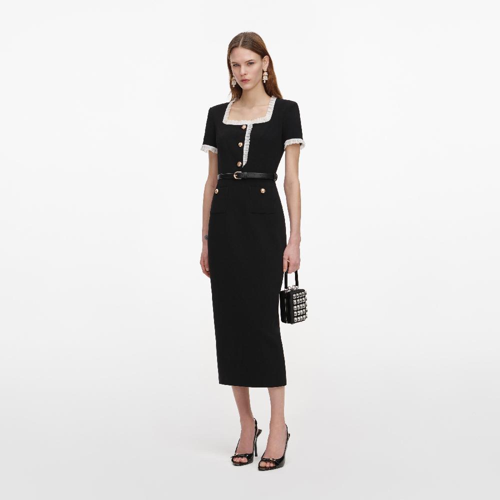 Self Portrait Black Crepe Contrast Frill Midi Dress CLOTHING