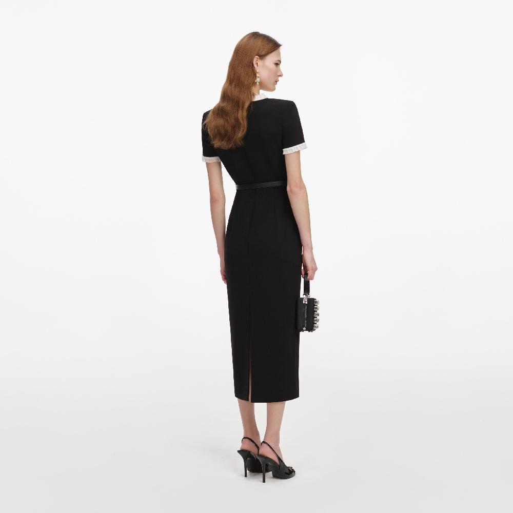 Self Portrait Black Crepe Contrast Frill Midi Dress CLOTHING