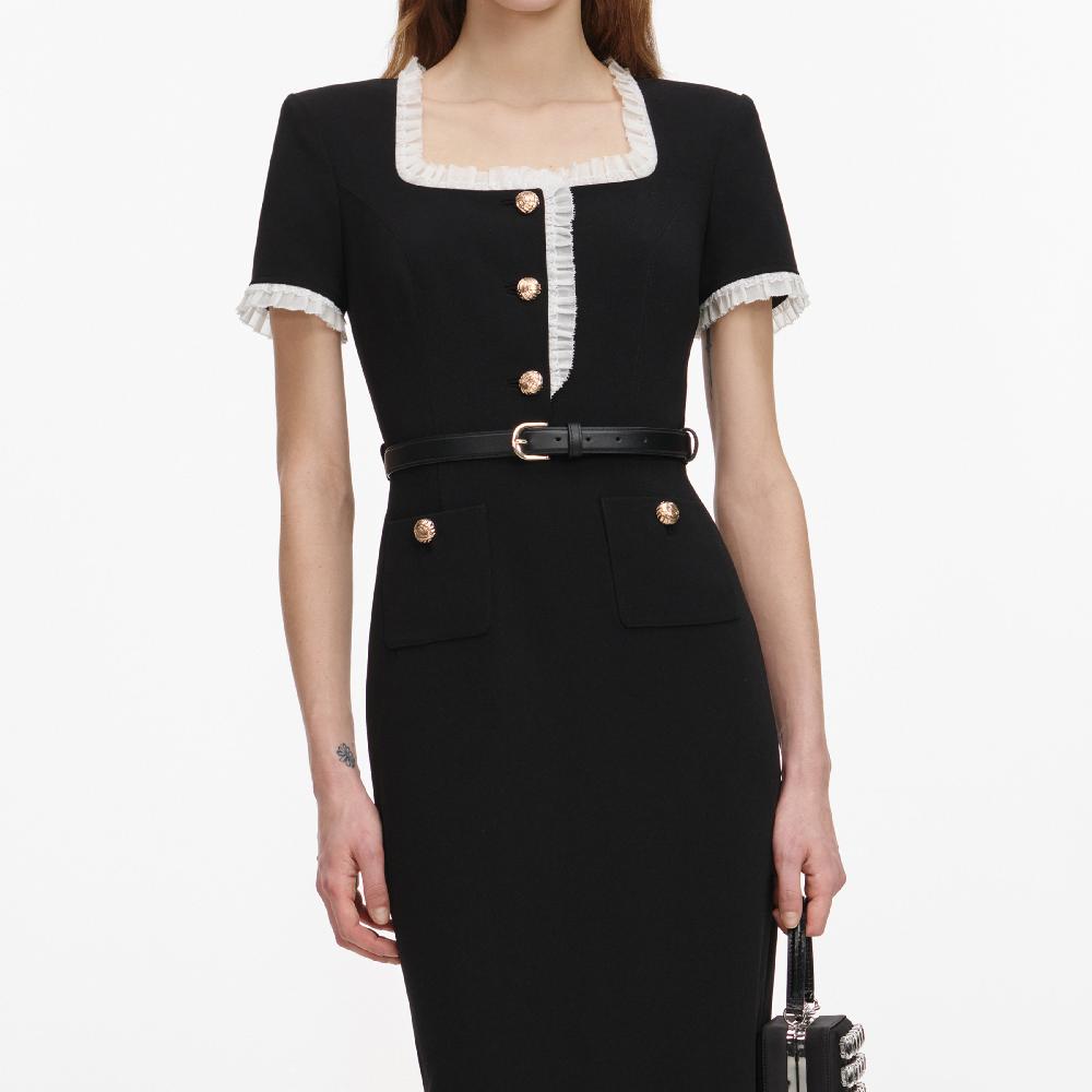 Self Portrait Black Crepe Contrast Frill Midi Dress CLOTHING