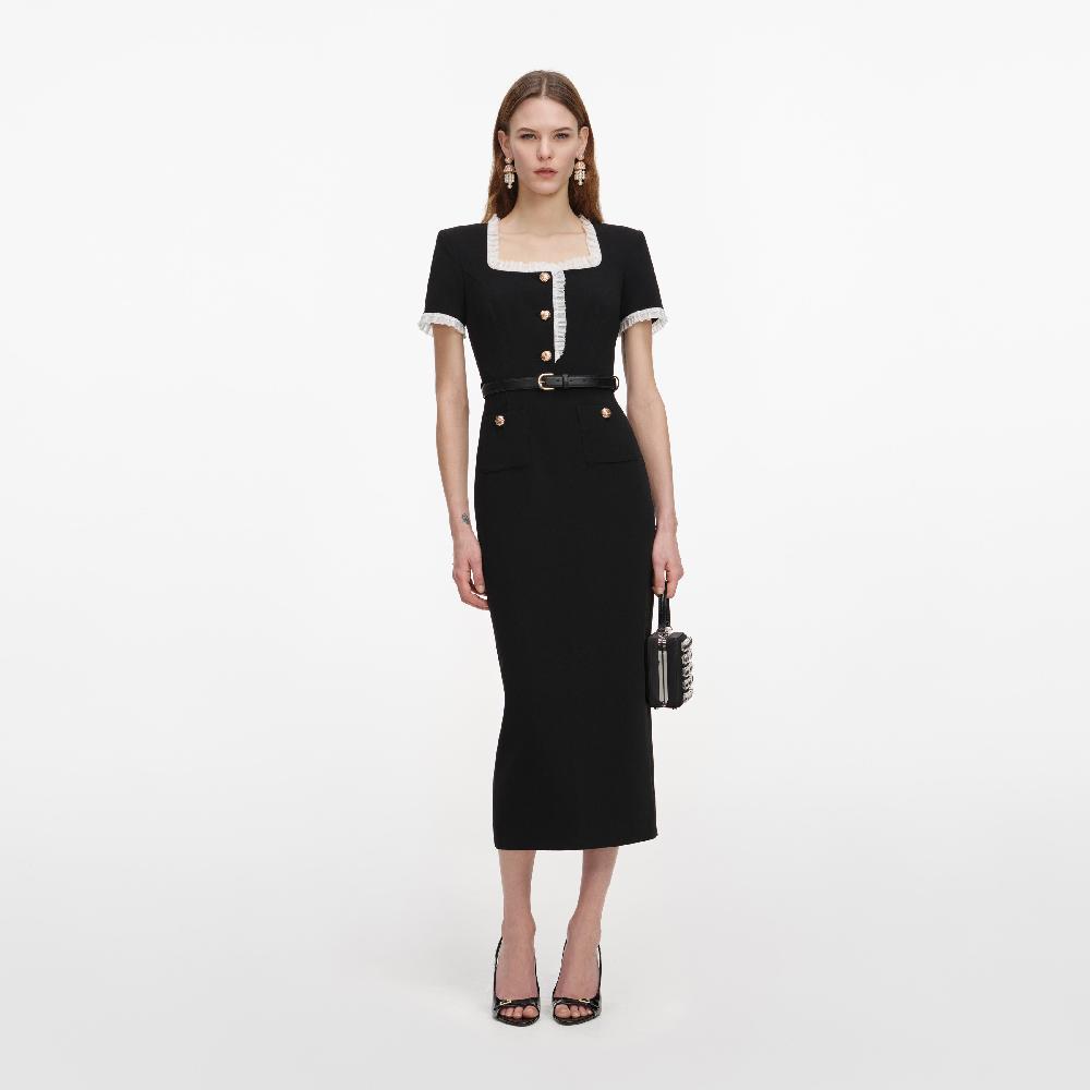 self portrait Black Crepe Contrast Frill Midi Dress CLOTHING