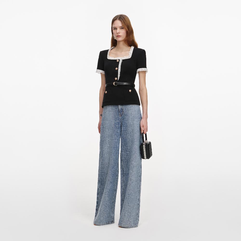 Self Portrait Black Crepe Contrast Frill Top CLOTHING