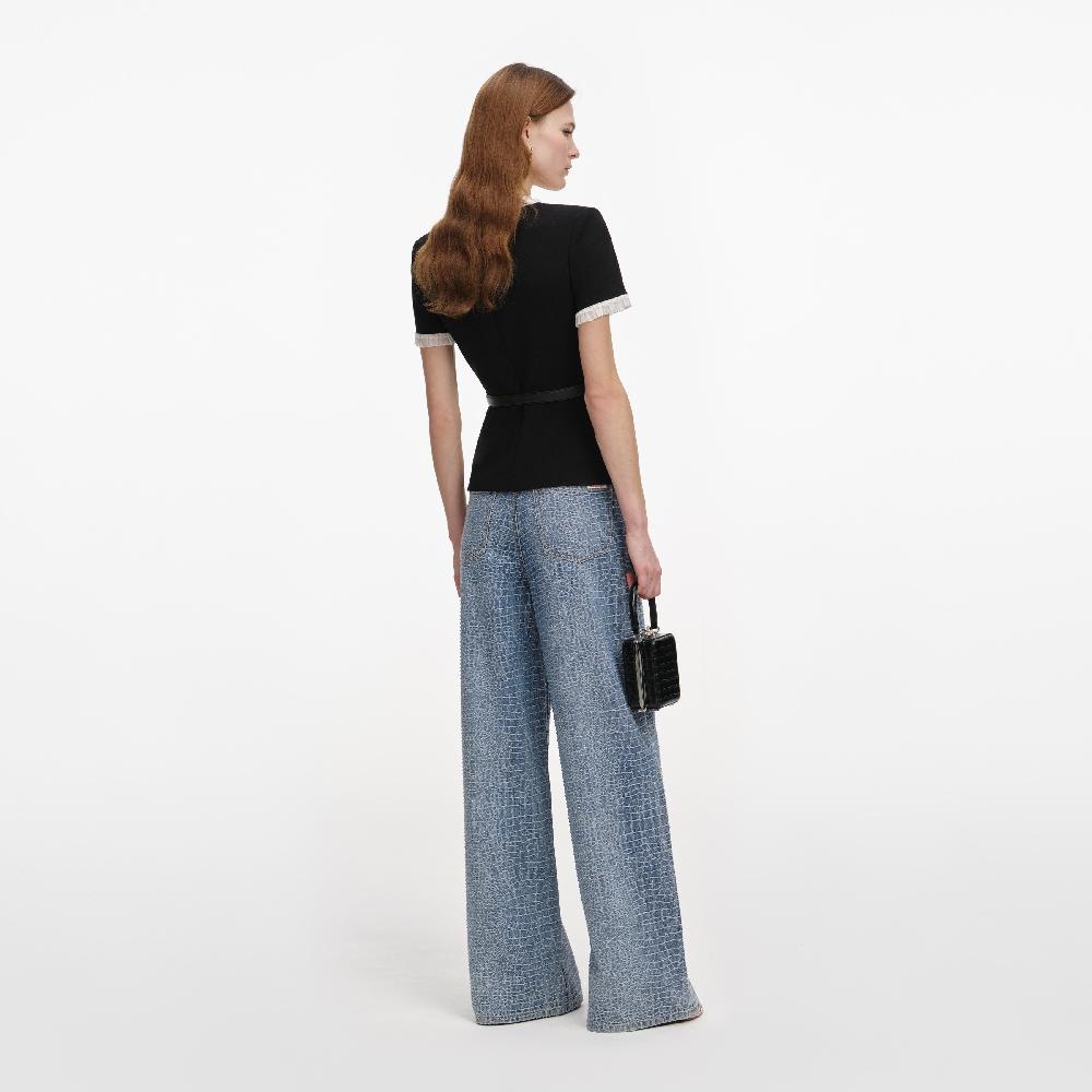 Self Portrait Black Crepe Contrast Frill Top CLOTHING