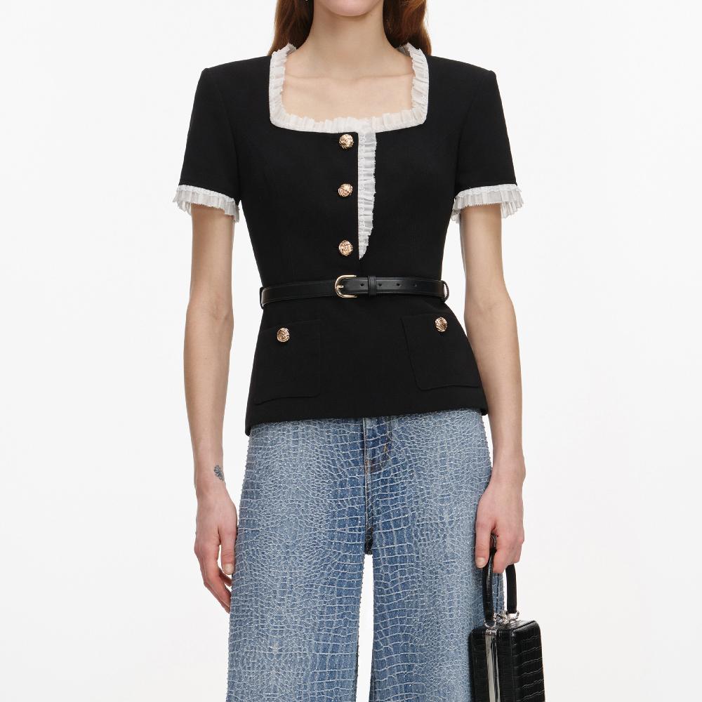 Self Portrait Black Crepe Contrast Frill Top CLOTHING