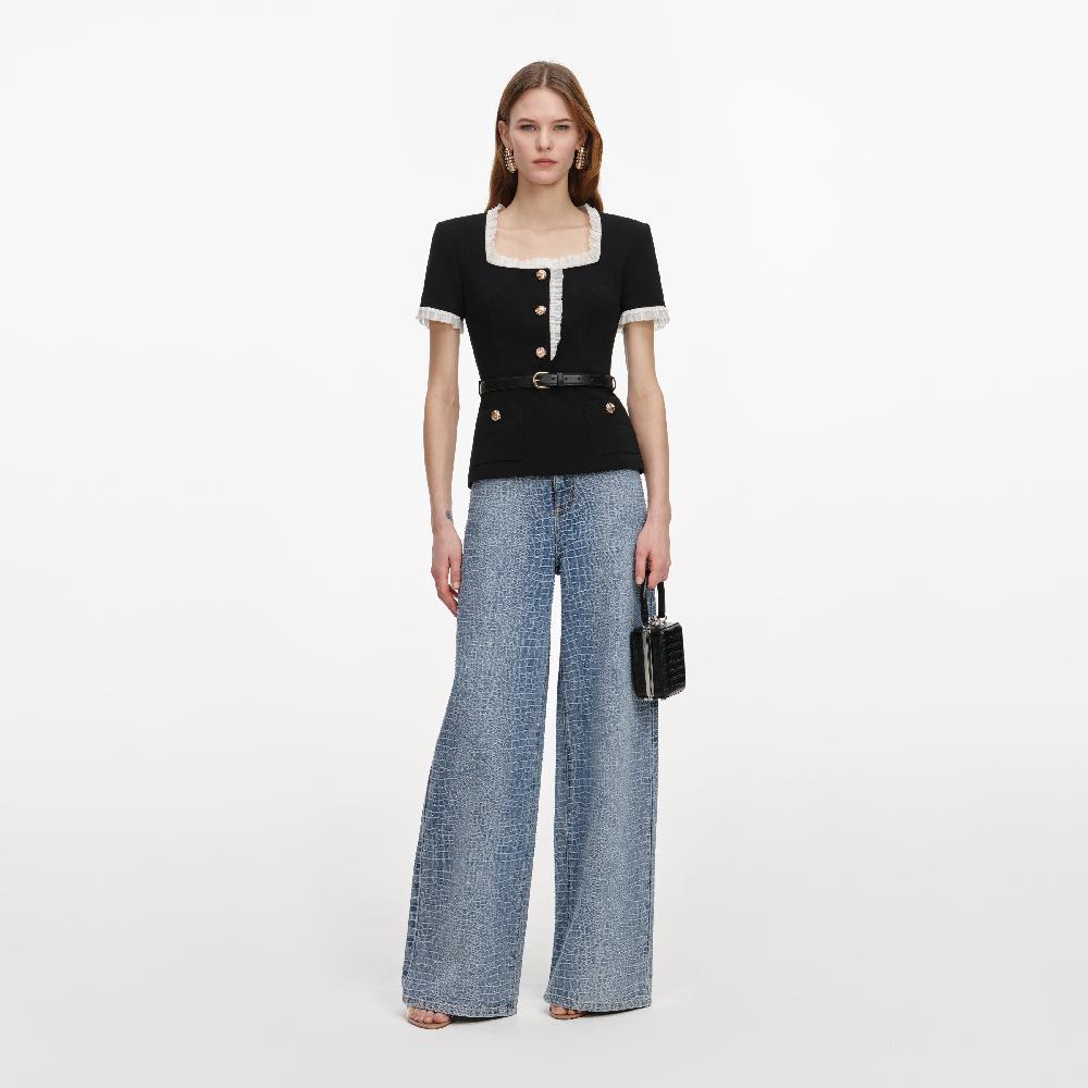 self portrait Black Crepe Contrast Frill Top CLOTHING