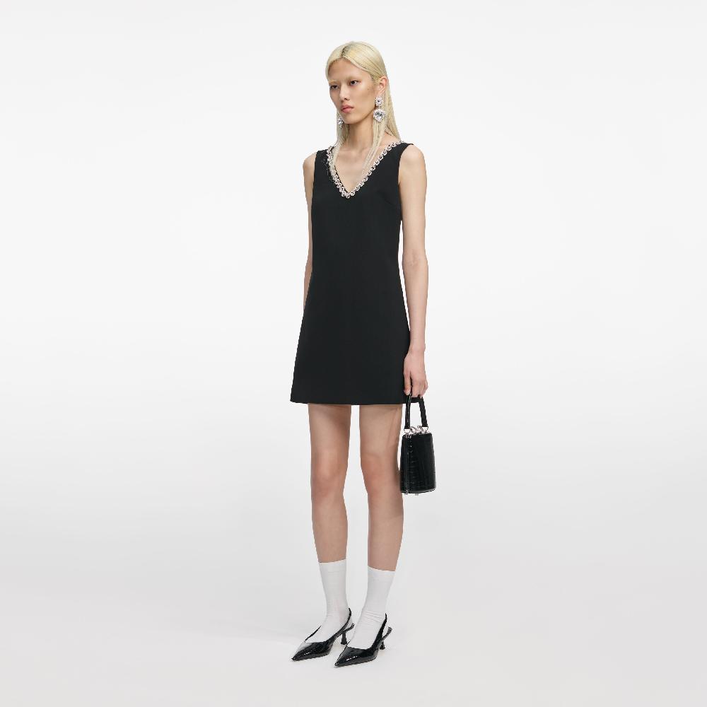 Self Portrait Black Crepe Crystal Trim Mini Dress CLOTHING