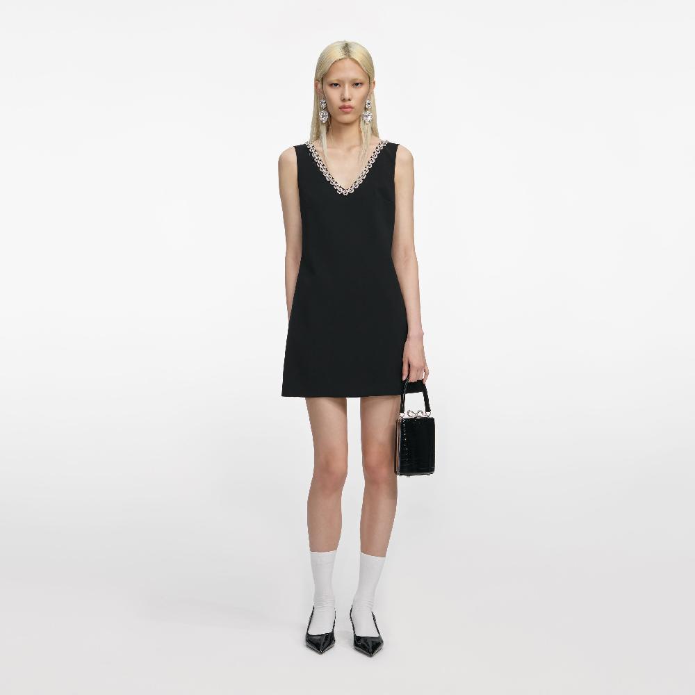 self portrait Black Crepe Crystal Trim Mini Dress CLOTHING