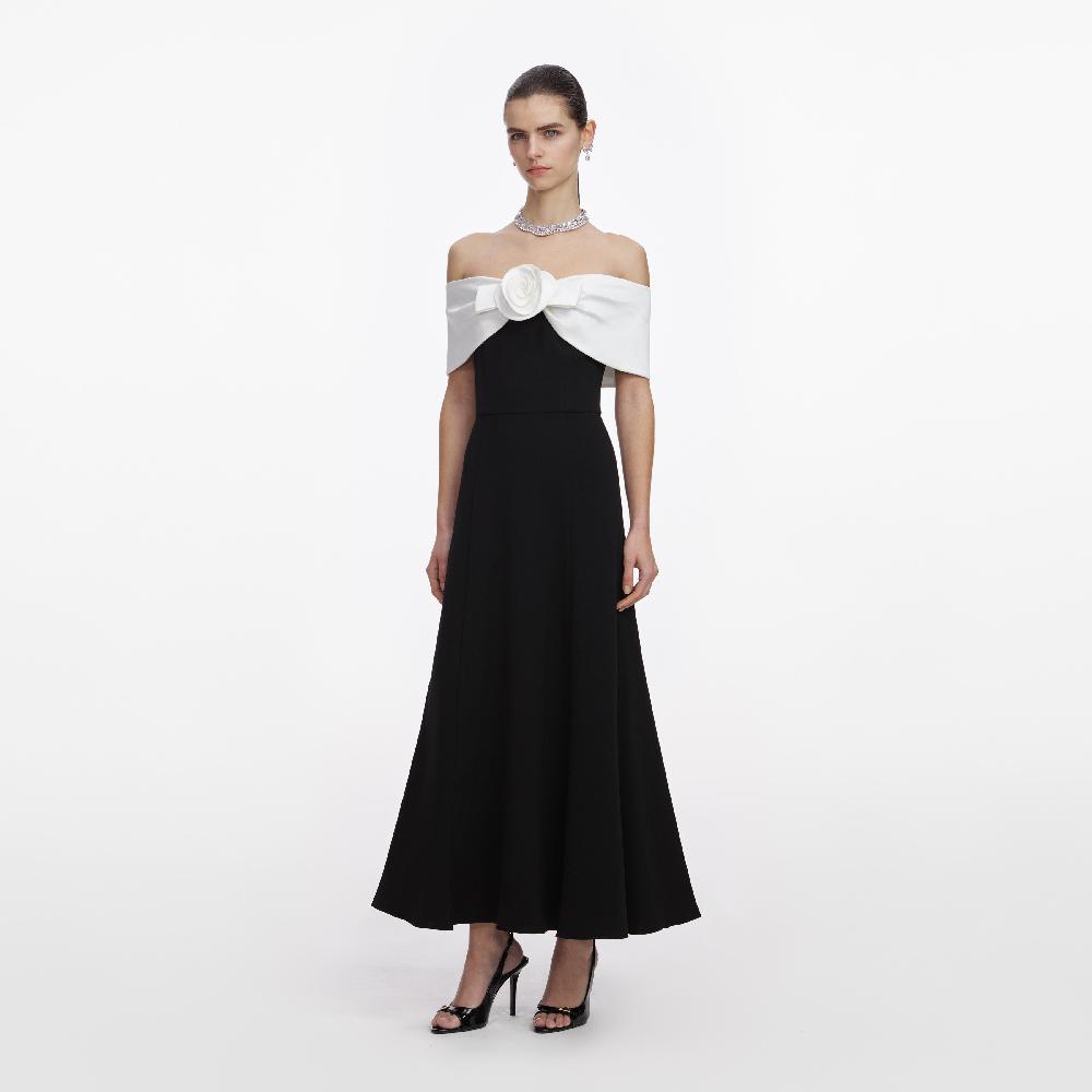 self Portrait Black Crepe Flower Midi Dress CLOTHING