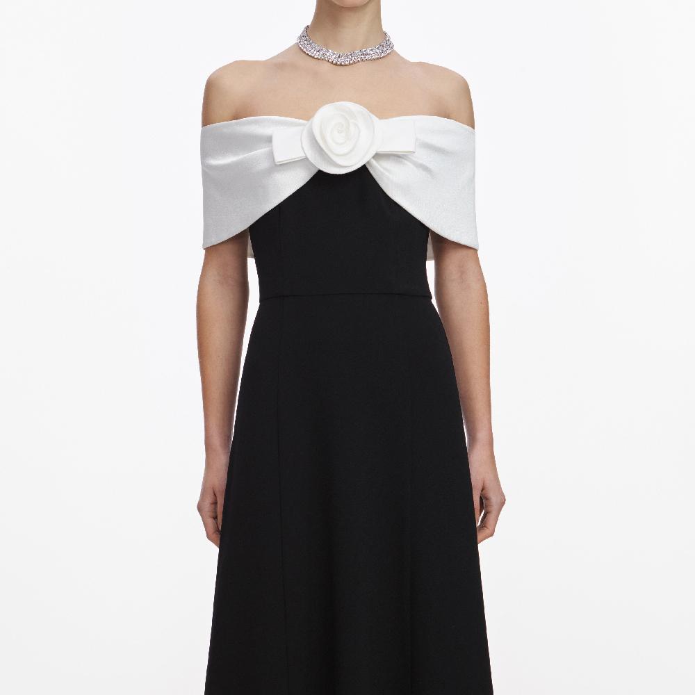 self Portrait Black Crepe Flower Midi Dress CLOTHING