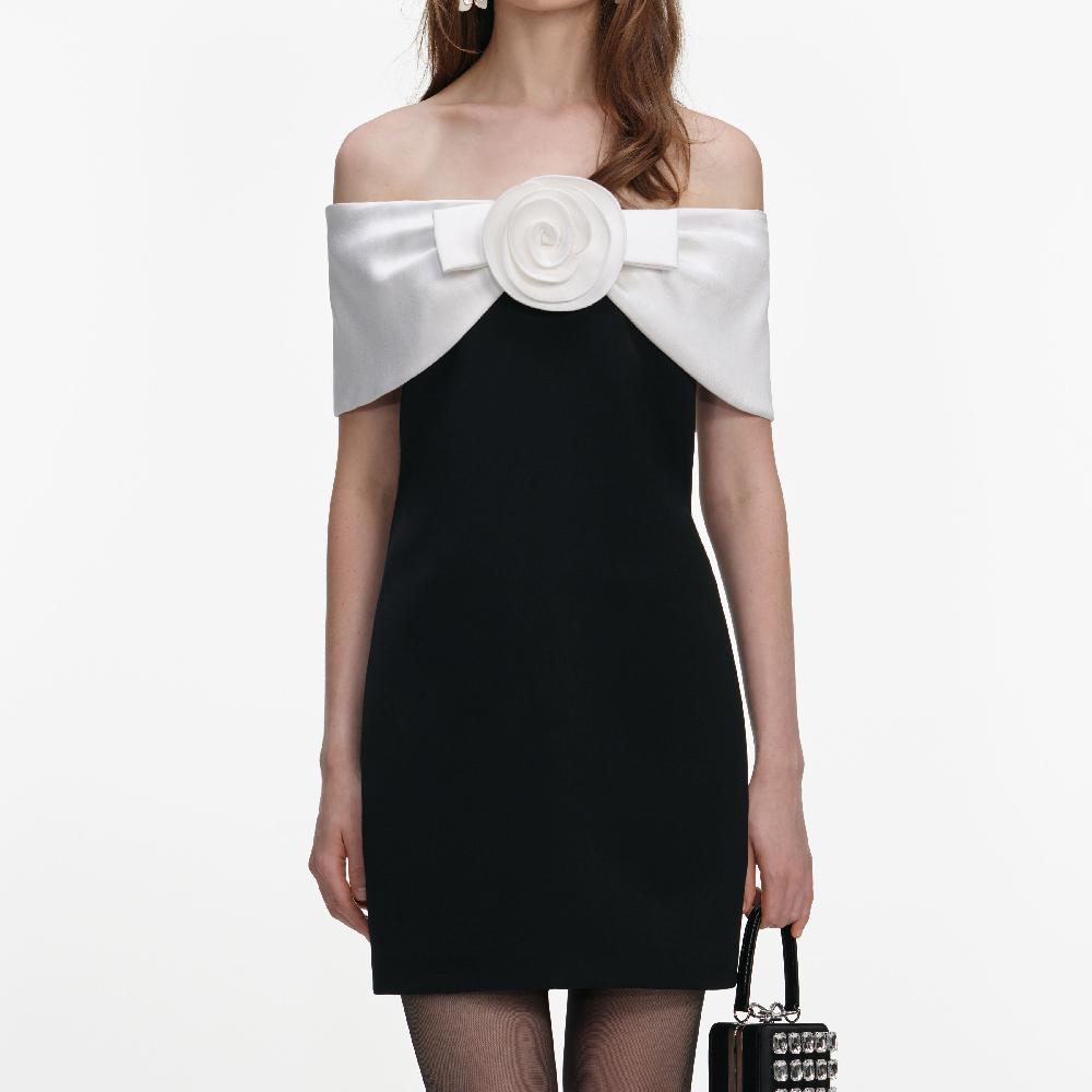 Self Portrait Black Crepe Flower Mini Dress CLOTHING