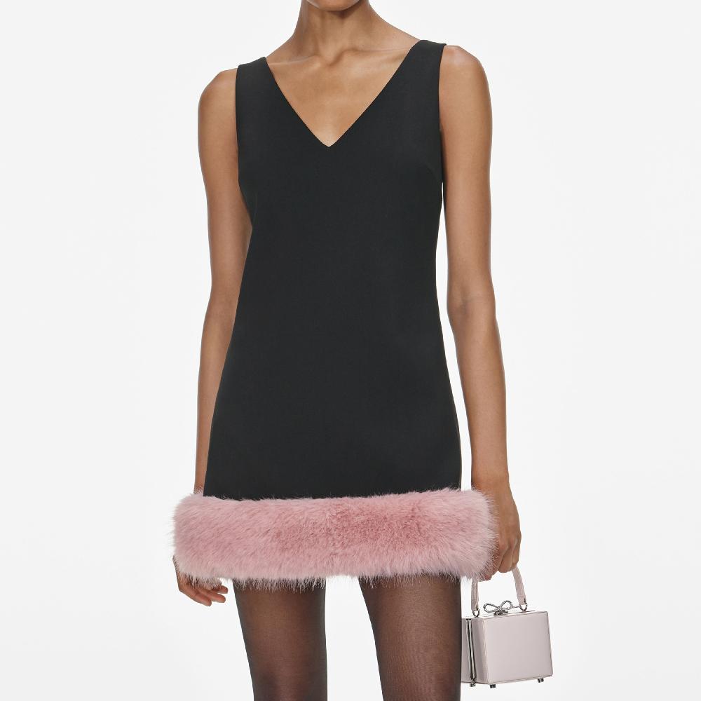 Self Portrait Black Crepe Fur Hem Mini Dress CLOTHING