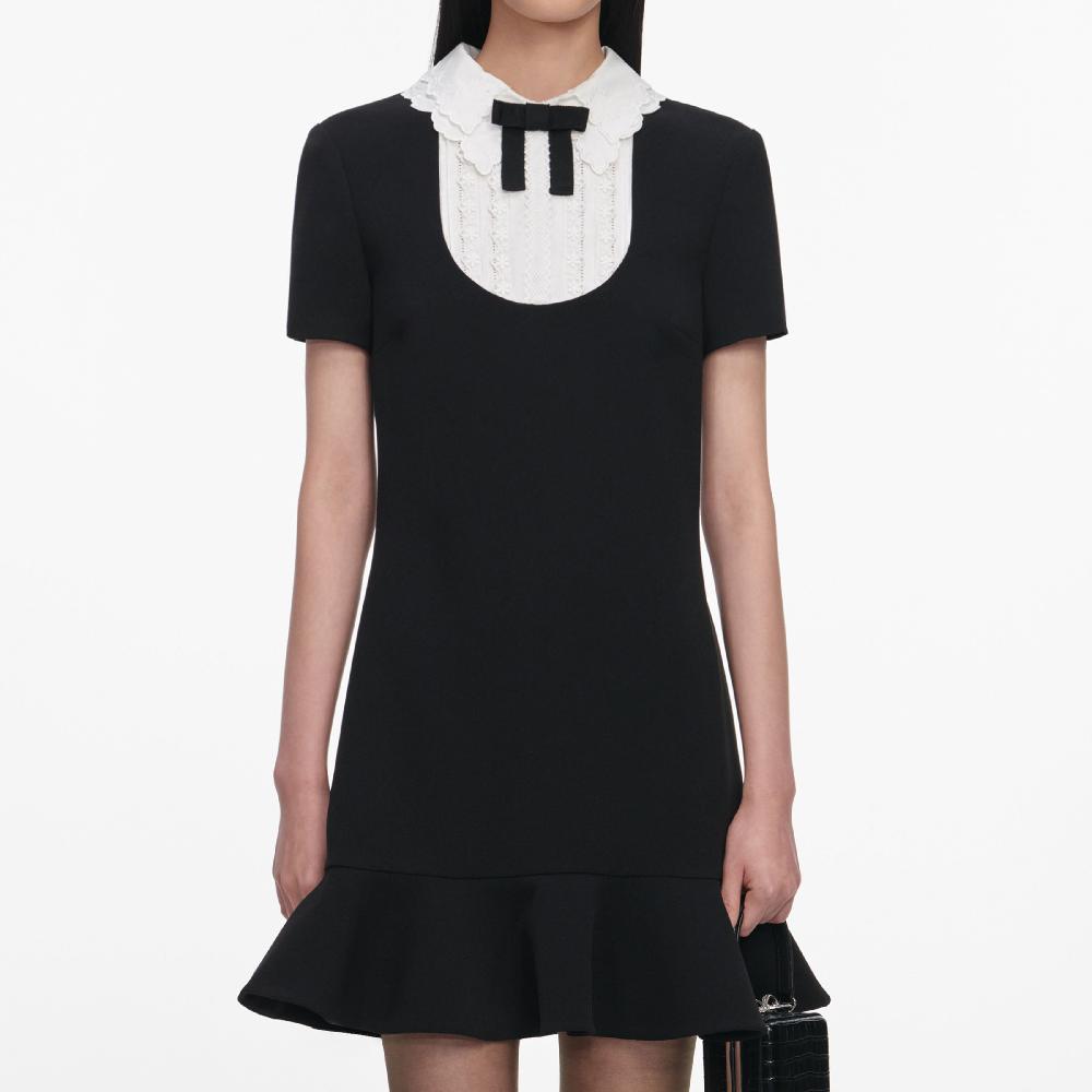 Self Portrait Black Crepe Lace Bib Mini Dress CLOTHING