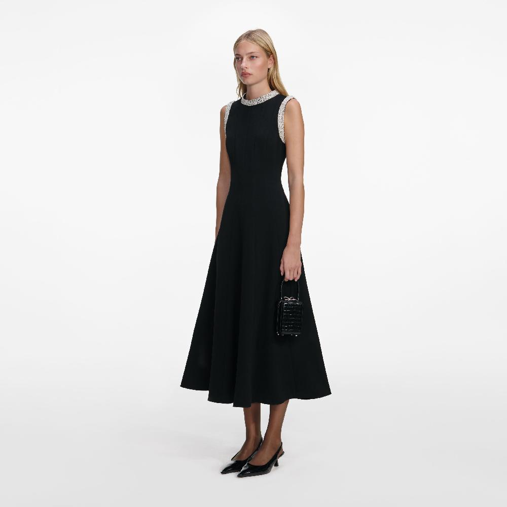 Self Portrait Black Crepe Pearl Trim Midi Dress CLOTHING
